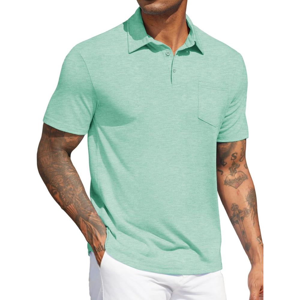 imageCOOFANDY Mens Polo Shirts Short Sleeve Casual Golf Shirt Basic Solid Color Collared TShirt Stylish Summer Polo T ShirtIce Green