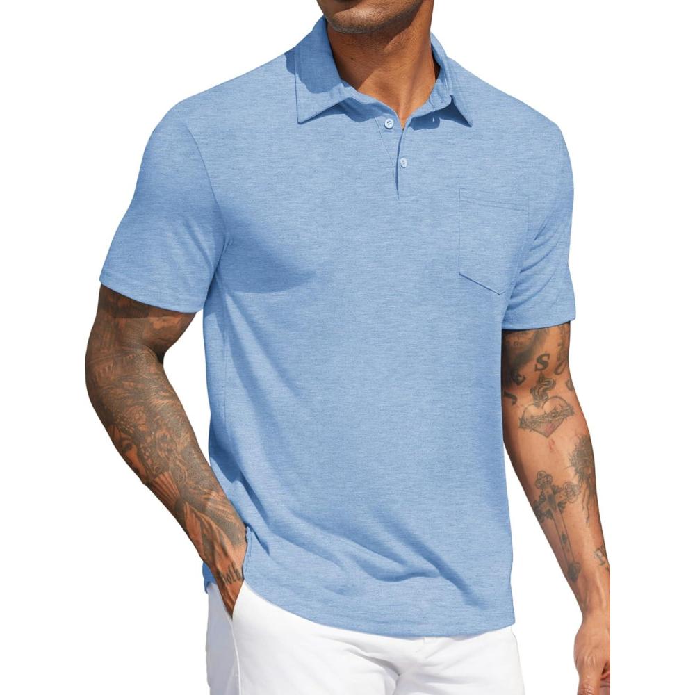 imageCOOFANDY Mens Polo Shirts Short Sleeve Casual Golf Shirt Basic Solid Color Collared TShirt Stylish Summer Polo T ShirtLight Blue