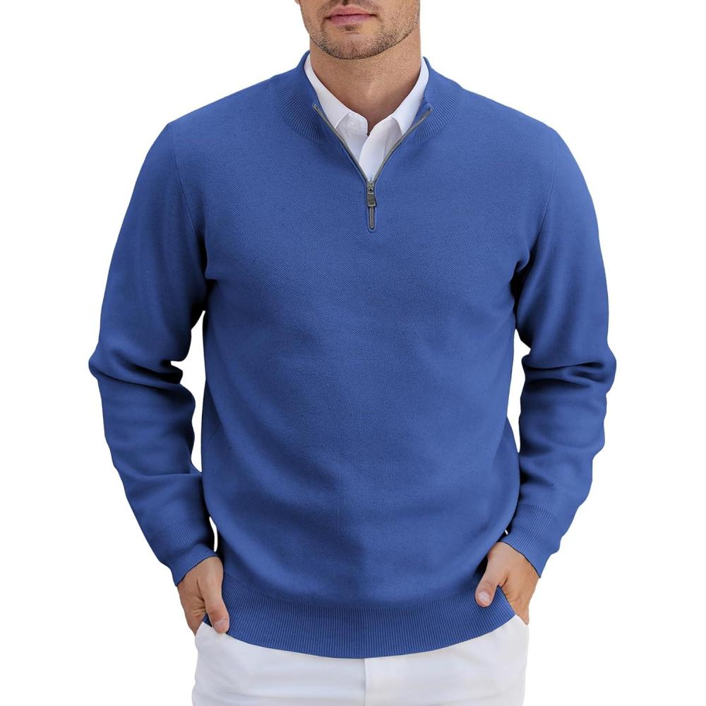 imageCOOFANDY Mens Quarter Zip Pullover Slim Fit Lightweight Knit Pullover Sweaters Casual Polo SweaterBlue