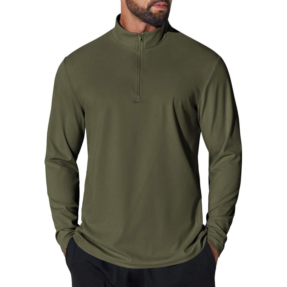 imageCOOFANDY Mens Quarter Zip Pullover Sweatshirt UPF 50 Long Sleeve Sun Protection Shirts Golf Running Rash Guard TShirtsArmy Green
