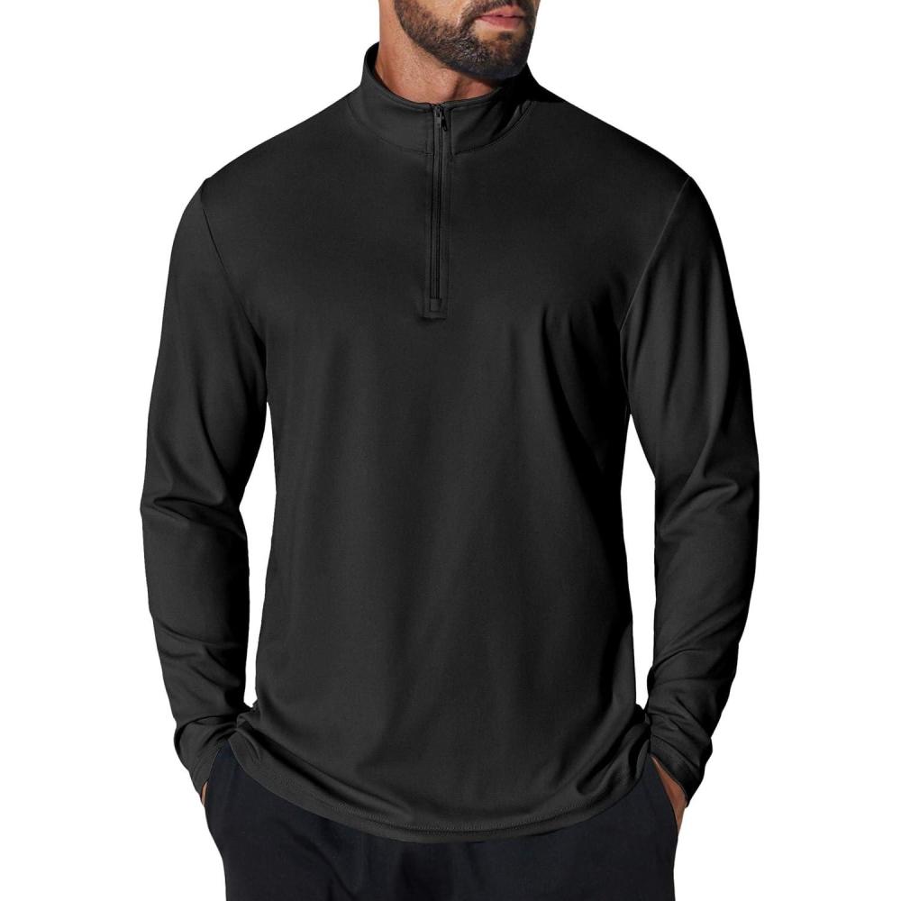 imageCOOFANDY Mens Quarter Zip Pullover Sweatshirt UPF 50 Long Sleeve Sun Protection Shirts Golf Running Rash Guard TShirtsBlack