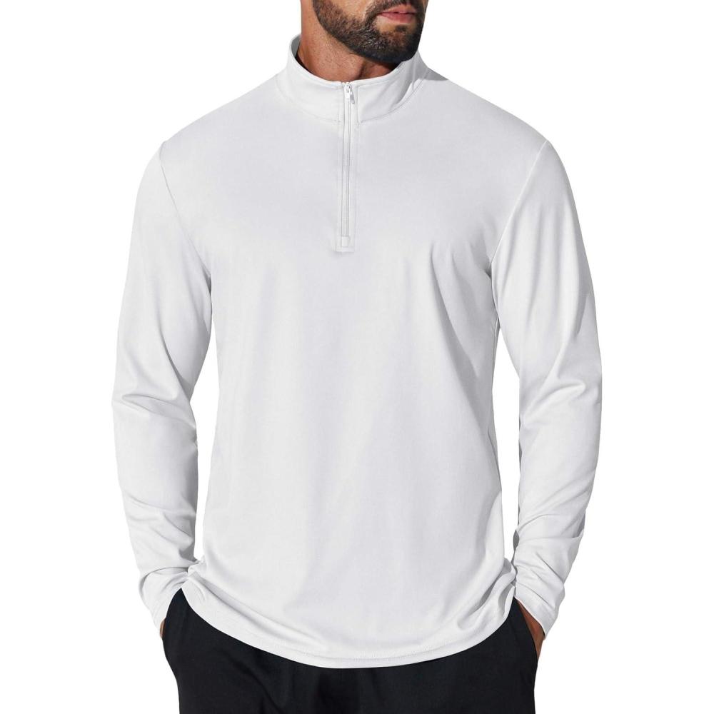 imageCOOFANDY Mens Quarter Zip Pullover Sweatshirt UPF 50 Long Sleeve Sun Protection Shirts Golf Running Rash Guard TShirtsWhite