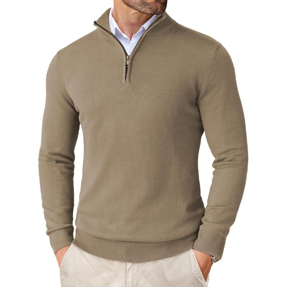 imageCOOFANDY Mens Quarter Zip Up Sweaters Slim Fit Lightweight Mock Neck Pullover Casual Polo SweatersDark Khaki