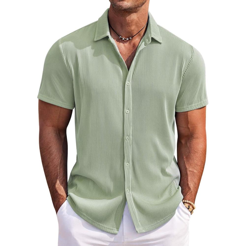 imageCOOFANDY Mens Shirts Button Up Short Sleeve Button Down Shirt Casual Button Down Shirt Light Green