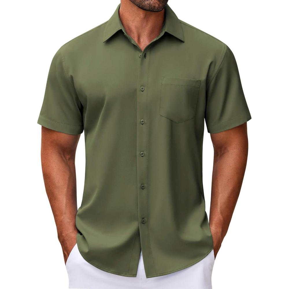 imageCOOFANDY Mens Short Sleeve Button Down Shirt Wrinkle Free Dress Shirts Casual Summer Untucked ShirtArmy Green