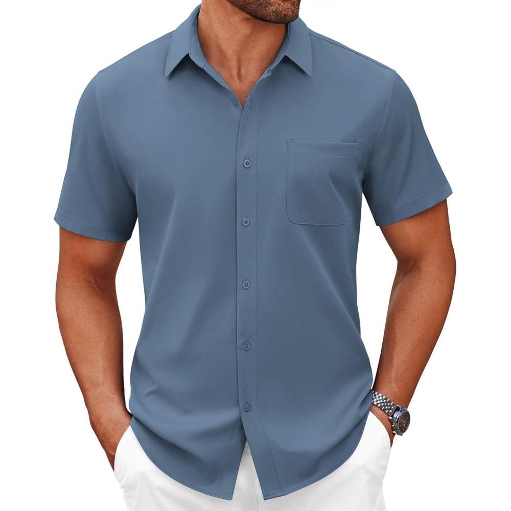 imageCOOFANDY Mens Short Sleeve Button Down Shirts Casual Dress Shirts for Men Summer Untucked Shirts with PocketBlue