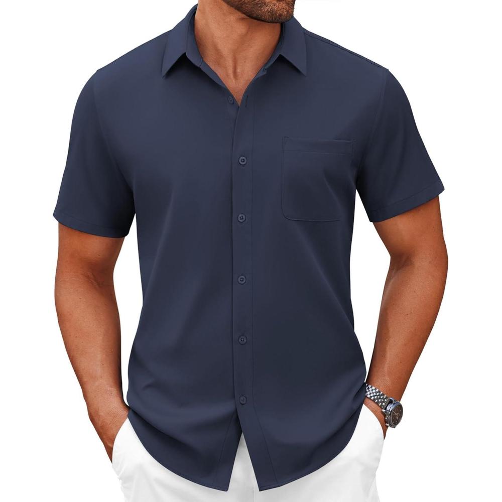 imageCOOFANDY Mens Short Sleeve Button Down Shirts Casual Dress Shirts for Men Summer Untucked Shirts with PocketDark Blue
