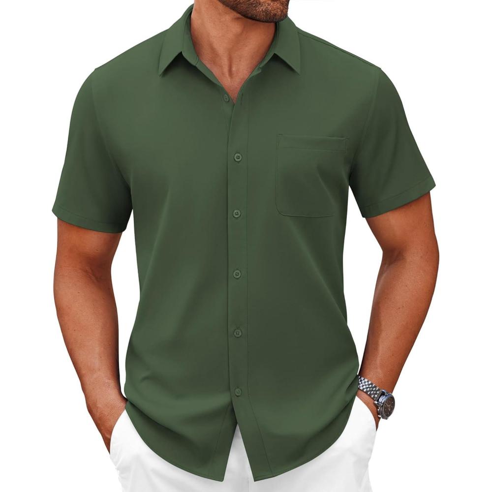 imageCOOFANDY Mens Short Sleeve Button Down Shirts Casual Dress Shirts for Men Summer Untucked Shirts with PocketDark Green