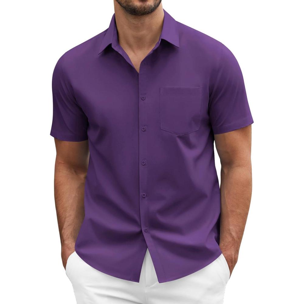 imageCOOFANDY Mens Short Sleeve Button Down Shirts Casual Dress Shirts for Men Summer Untucked Shirts with PocketDark Purple