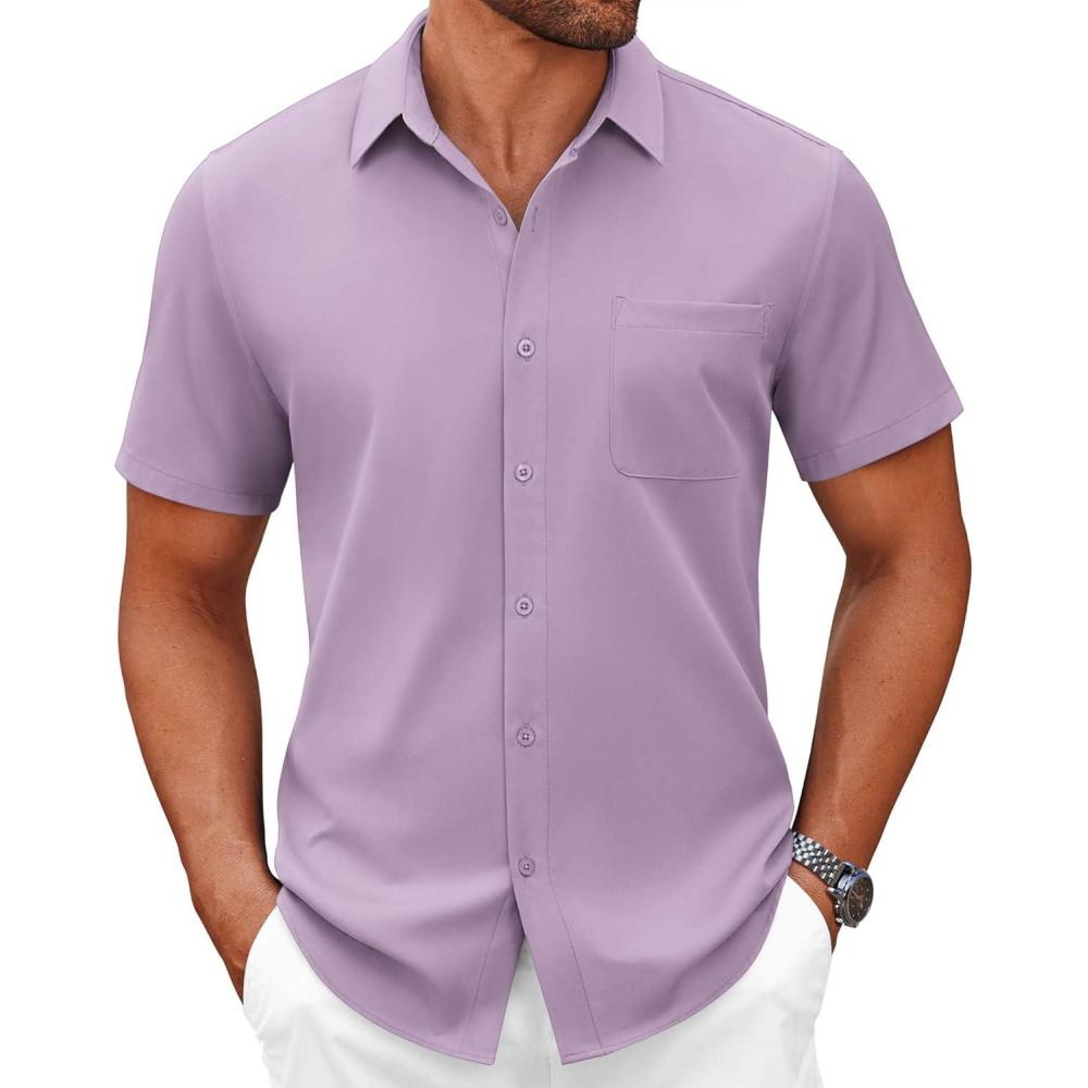 imageCOOFANDY Mens Short Sleeve Button Down Shirts Casual Dress Shirts for Men Summer Untucked Shirts with PocketLavender