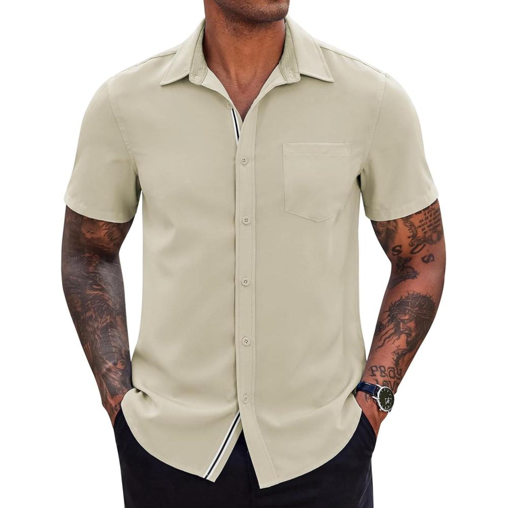 imageCOOFANDY Mens Short Sleeve Button Down Shirts Casual Dress Shirts for Men Summer Untucked Shirts with PocketLight Coffee