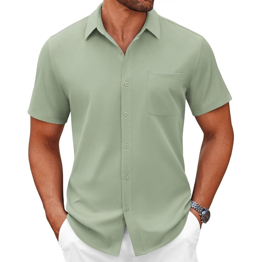 imageCOOFANDY Mens Short Sleeve Button Down Shirts Casual Dress Shirts for Men Summer Untucked Shirts with PocketLight Green