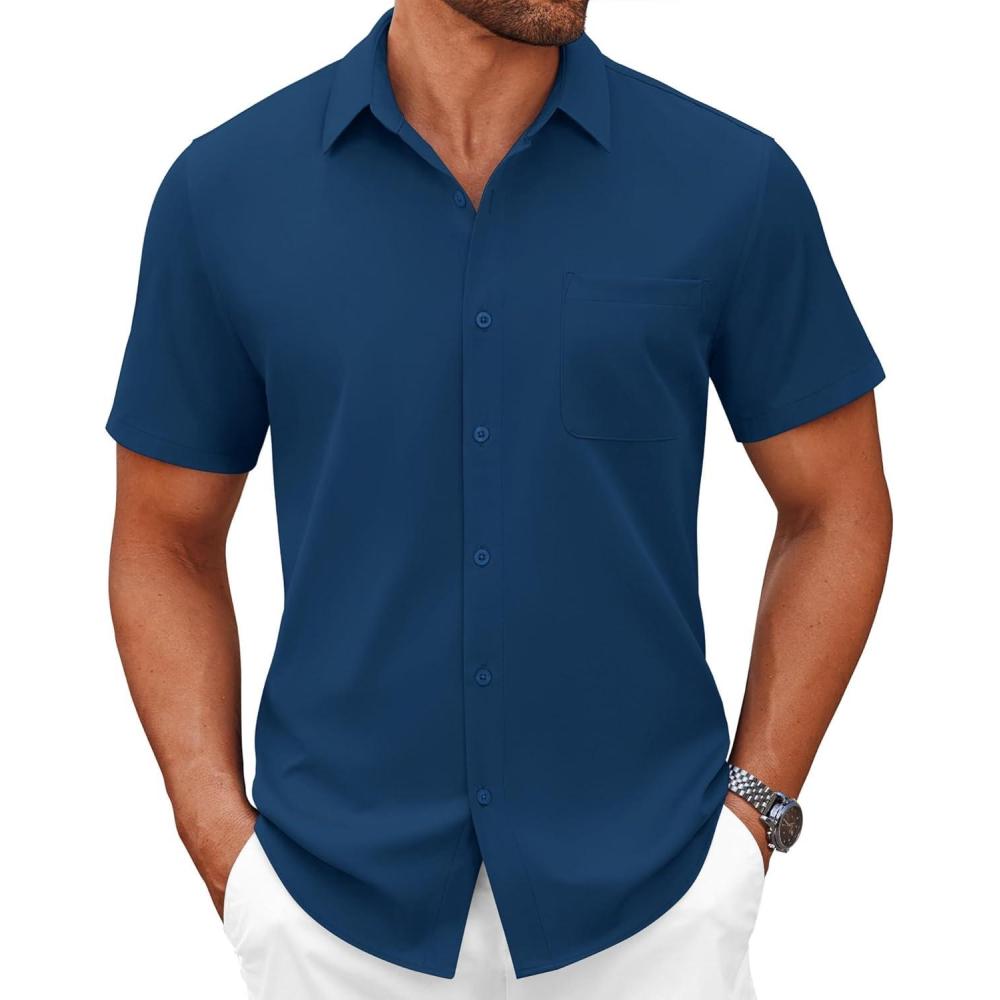 imageCOOFANDY Mens Short Sleeve Button Down Shirts Casual Dress Shirts for Men Summer Untucked Shirts with PocketNavy Blue