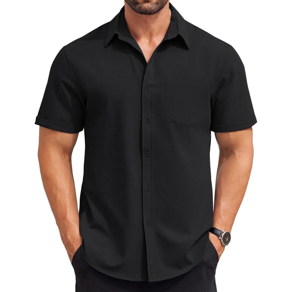 imageCOOFANDY Mens Short Sleeve Button Down Shirts Casual Summer Beach Shirt Wedding Dress Shirts with PocketBlack
