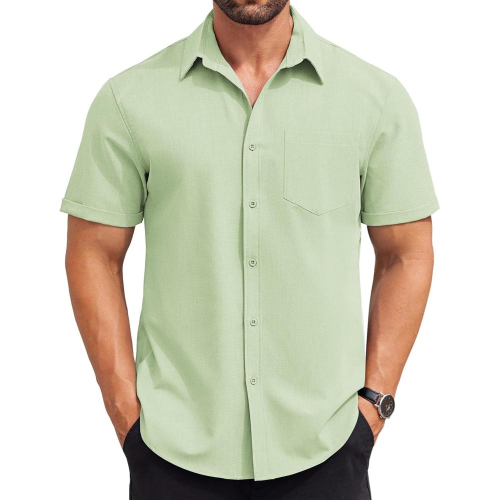 imageCOOFANDY Mens Short Sleeve Button Down Shirts Casual Summer Beach Shirt Wedding Dress Shirts with PocketLight Green