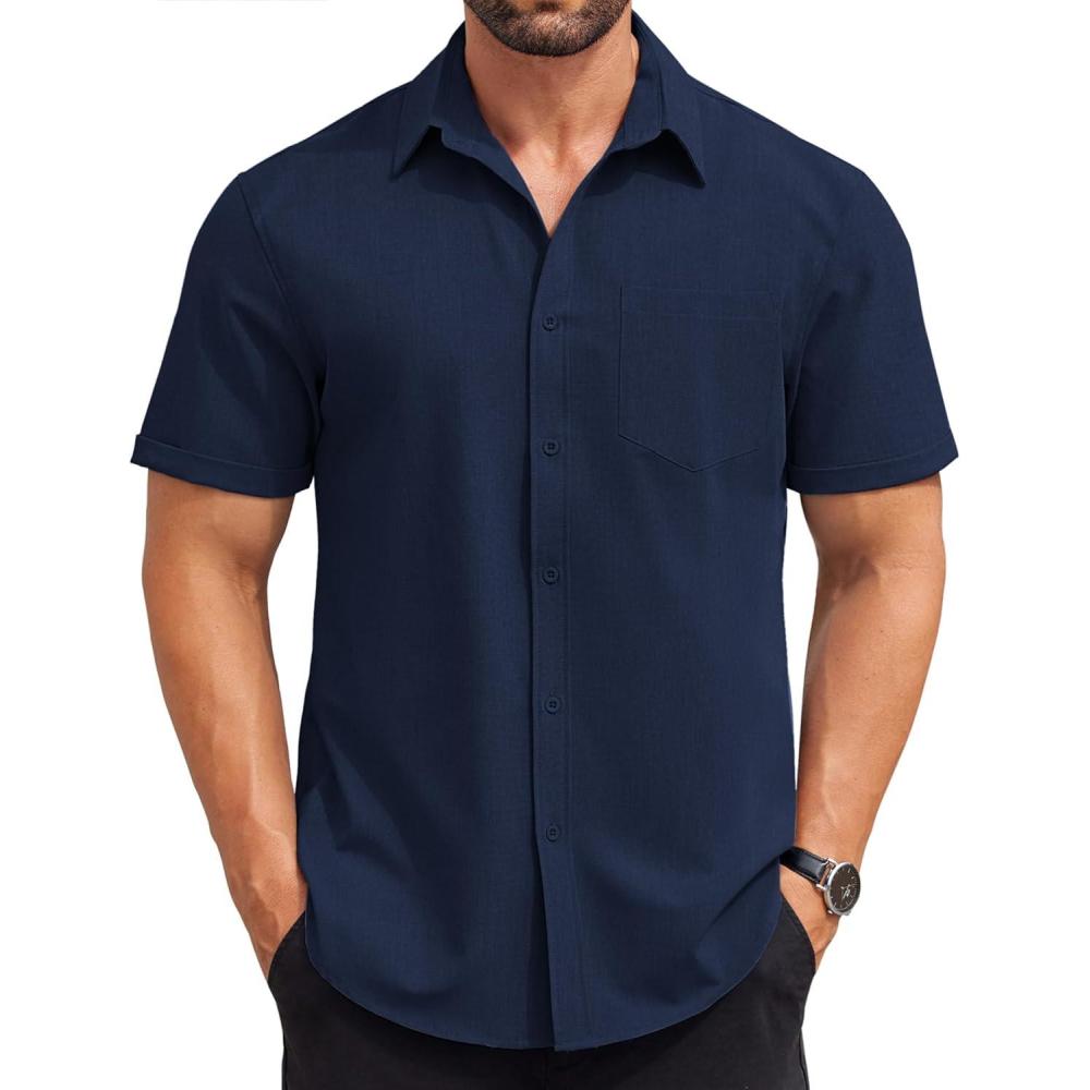 imageCOOFANDY Mens Short Sleeve Button Down Shirts Casual Summer Beach Shirt Wedding Dress Shirts with PocketNavy Blue