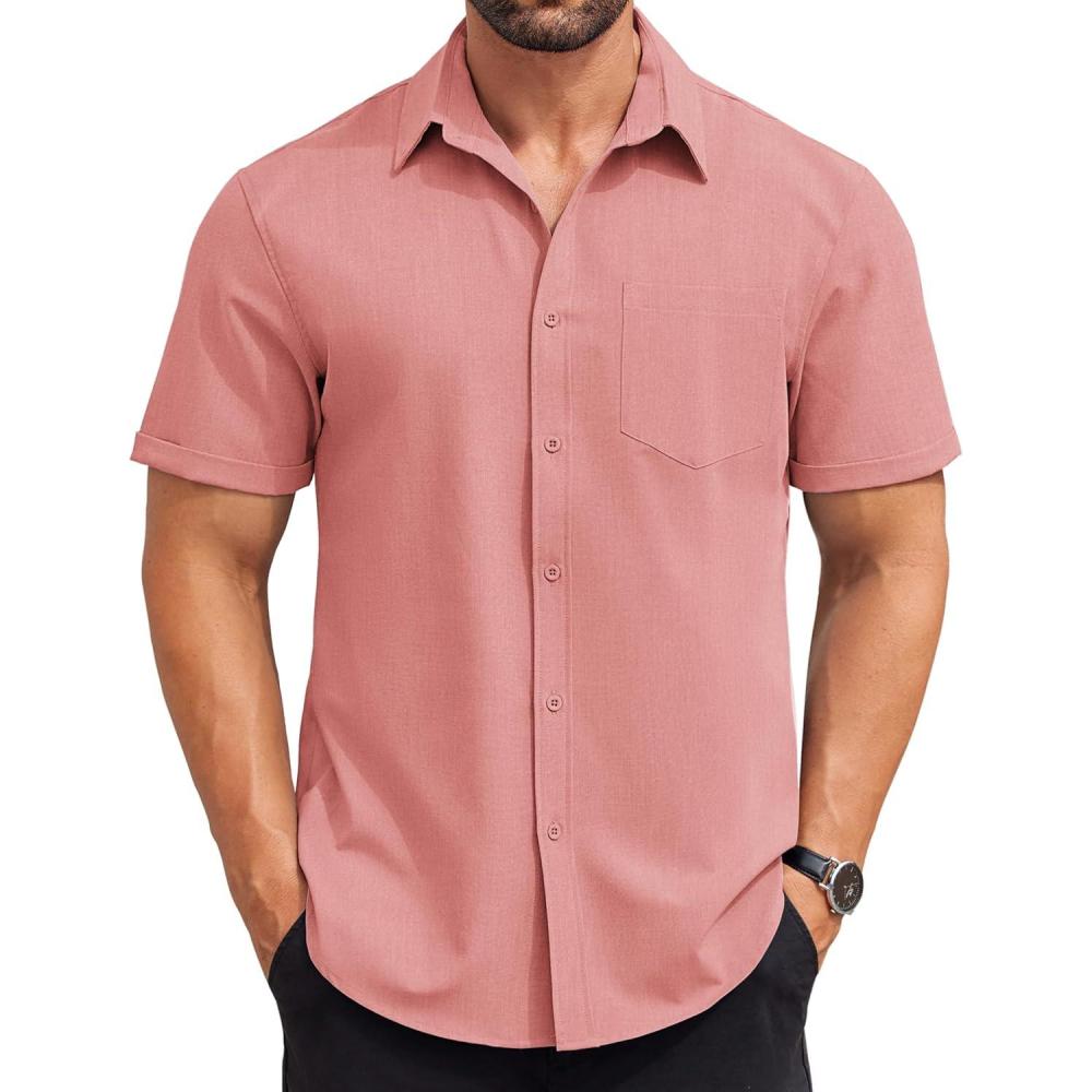 imageCOOFANDY Mens Short Sleeve Button Down Shirts Casual Summer Beach Shirt Wedding Dress Shirts with PocketPink