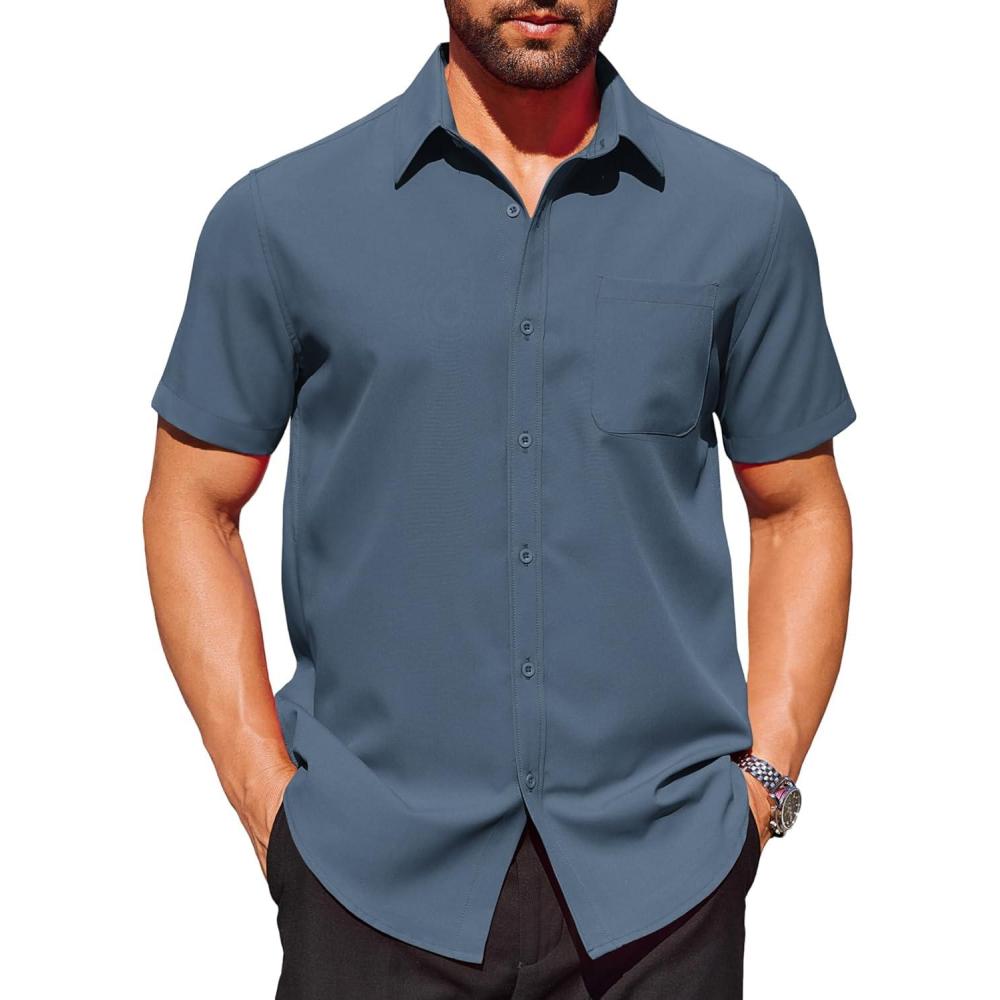 imageCOOFANDY Mens Short Sleeve Dress Shirts Wrinkle Free Button Down Shirts Stain Shield Shirts with PocketDenim Blue