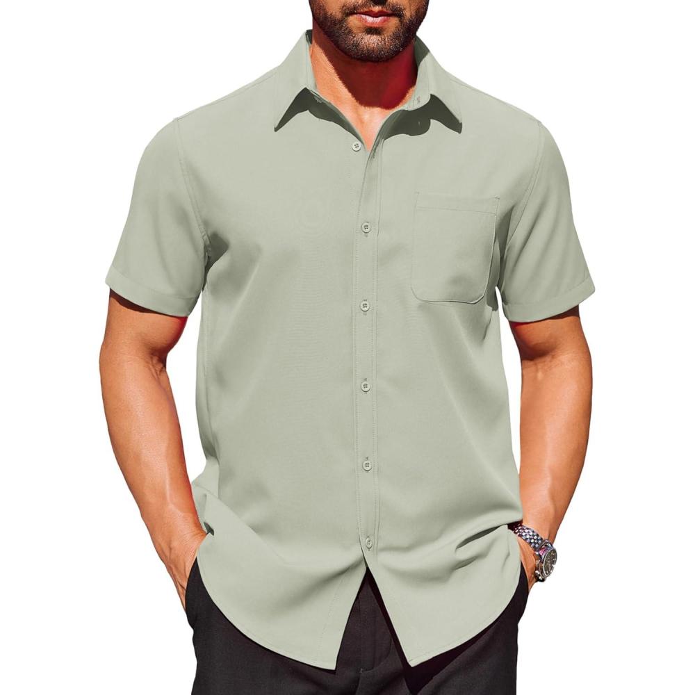 imageCOOFANDY Mens Short Sleeve Dress Shirts Wrinkle Free Button Down Shirts Stain Shield Shirts with PocketLight Green