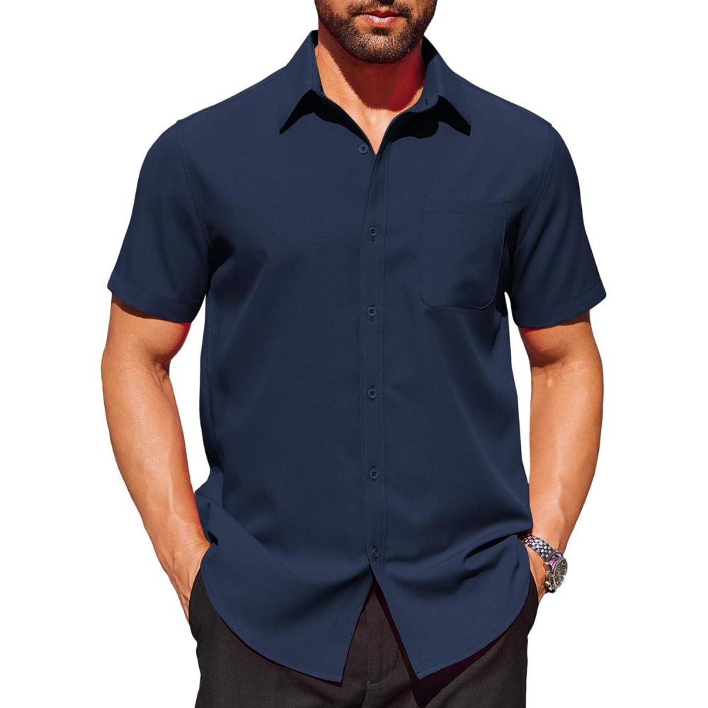 imageCOOFANDY Mens Short Sleeve Dress Shirts Wrinkle Free Button Down Shirts Stain Shield Shirts with PocketNavy Blue