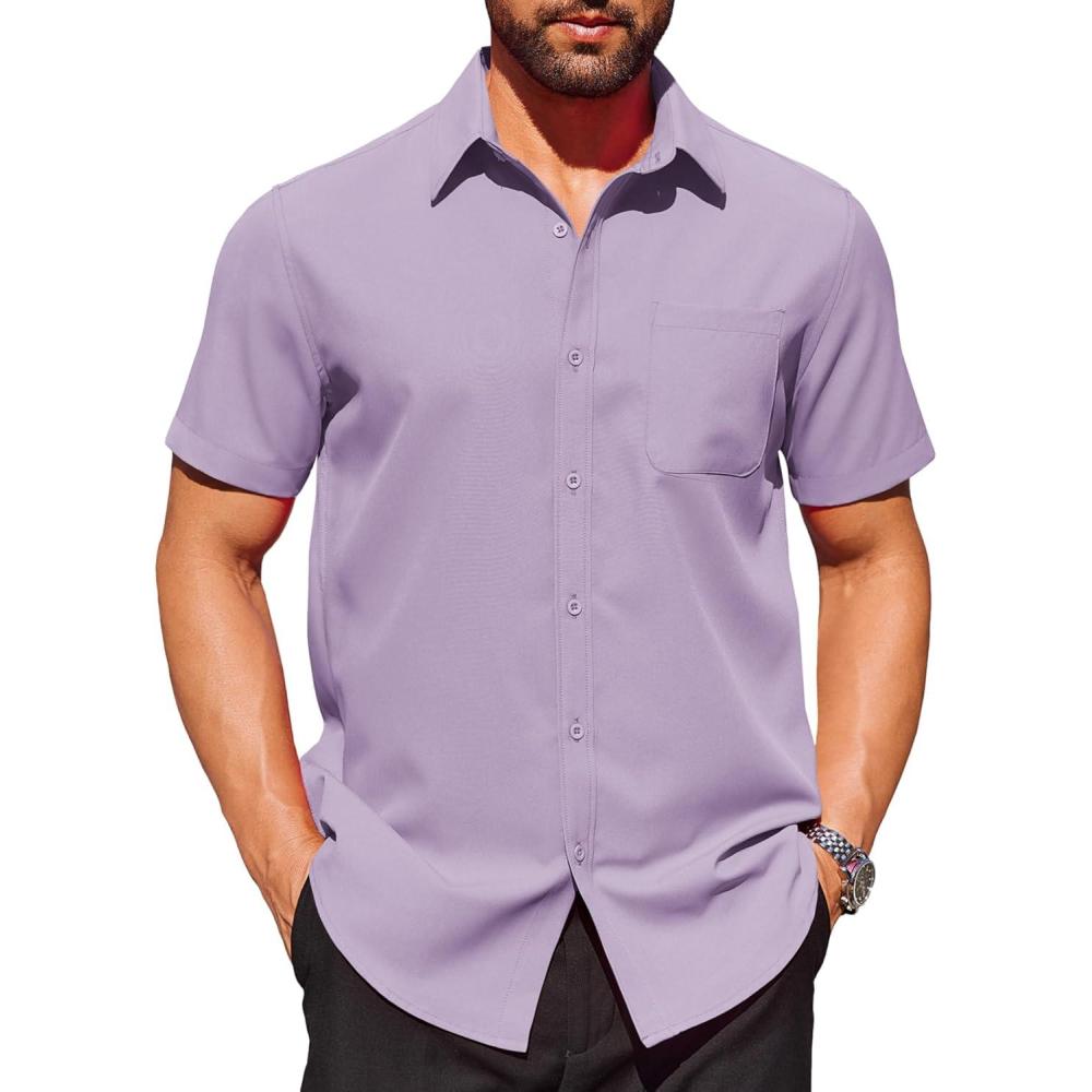 imageCOOFANDY Mens Short Sleeve Dress Shirts Wrinkle Free Button Down Shirts Stain Shield Shirts with PocketPurple