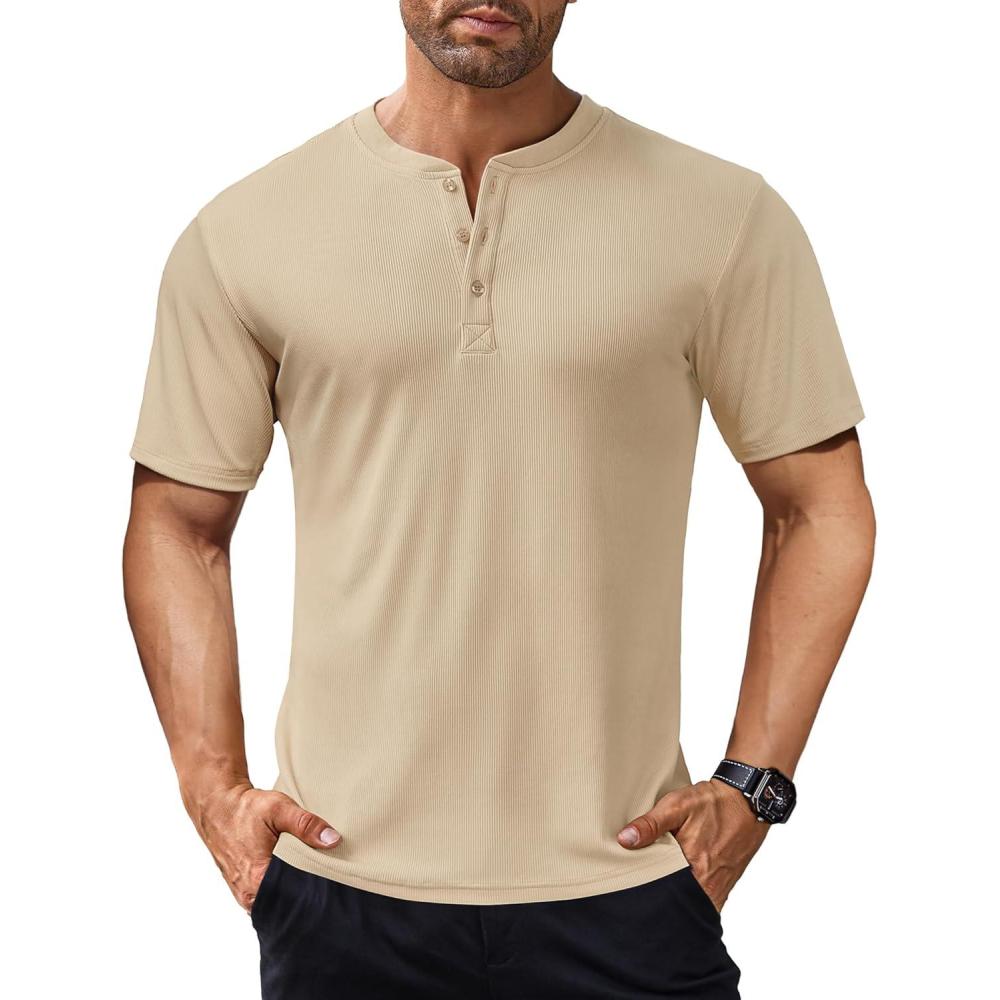 imageCOOFANDY Mens Short Sleeve Henley Shirts Stretch Ribbed TShirts Casual Button Basic Tops Khaki