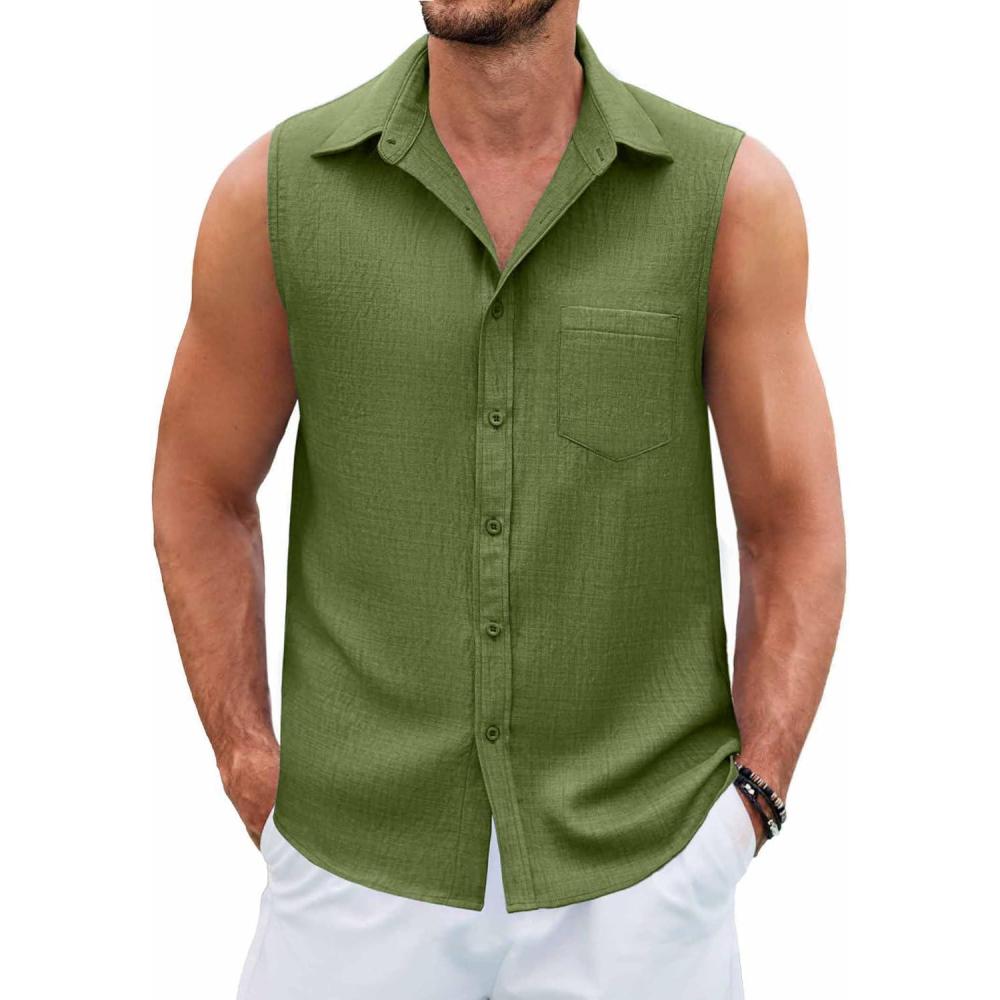 imageCOOFANDY Mens Sleeveless Beach Shirts Summer Button Up Tank Tops Casual Textured Tank ShirtArmy Green