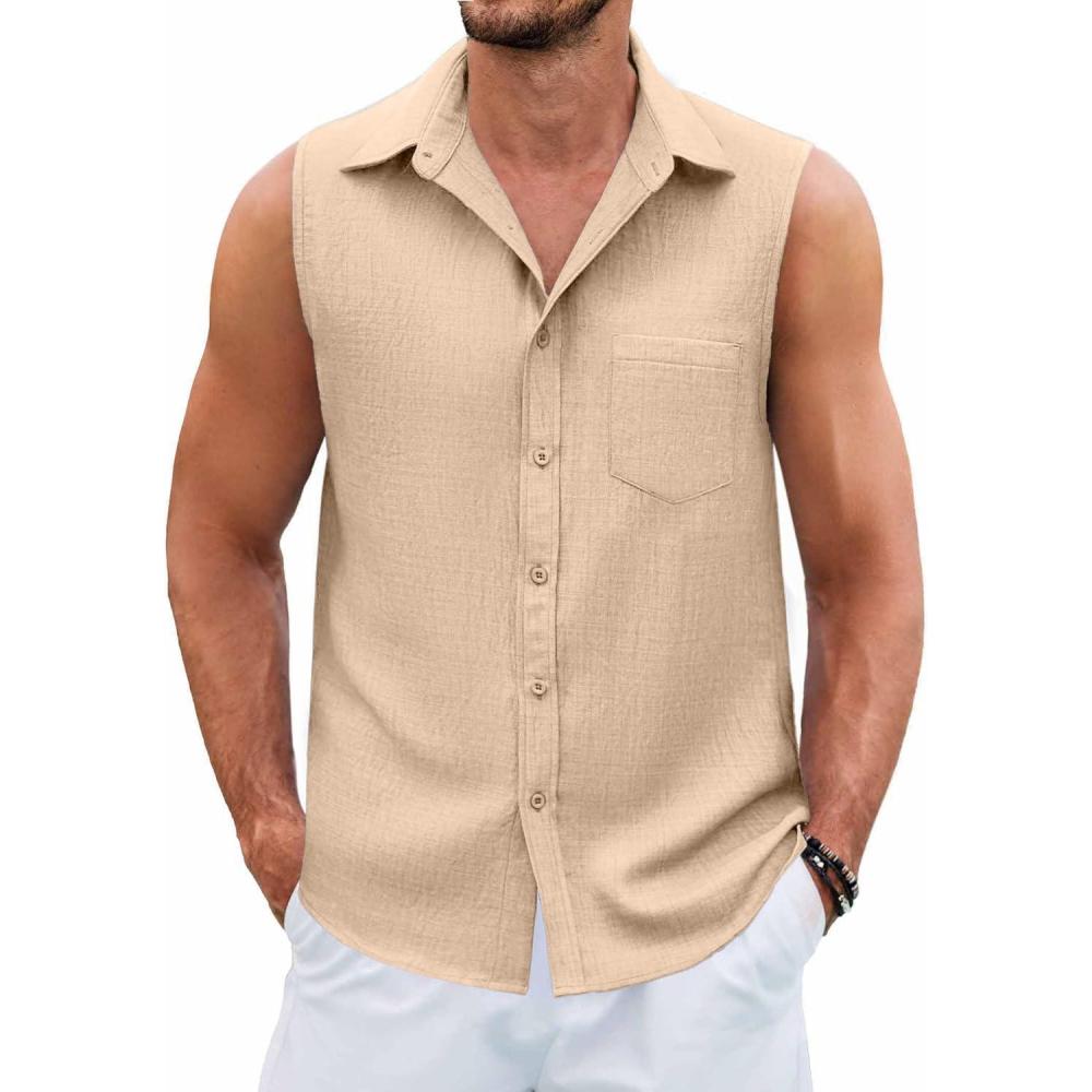 imageCOOFANDY Mens Sleeveless Beach Shirts Summer Button Up Tank Tops Casual Textured Tank ShirtKhaki
