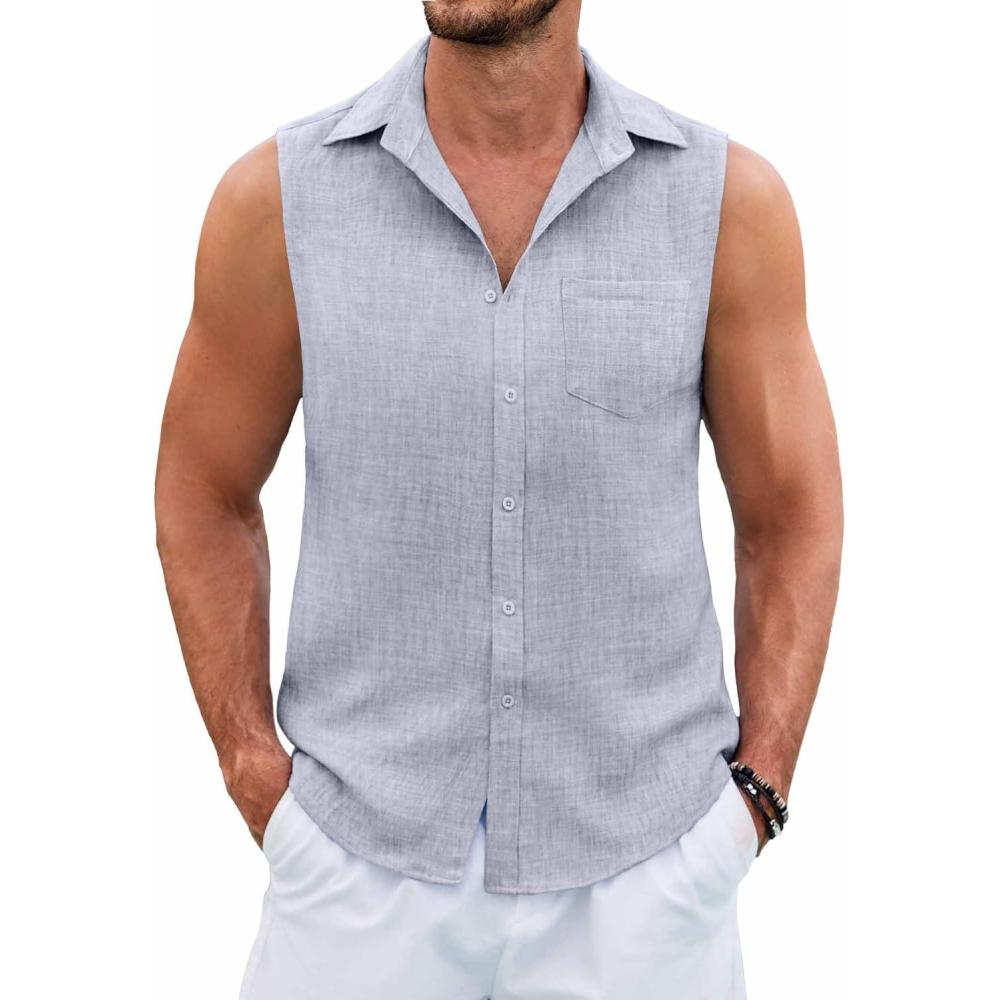 imageCOOFANDY Mens Sleeveless Beach Shirts Summer Button Up Tank Tops Casual Textured Tank ShirtLight Grey