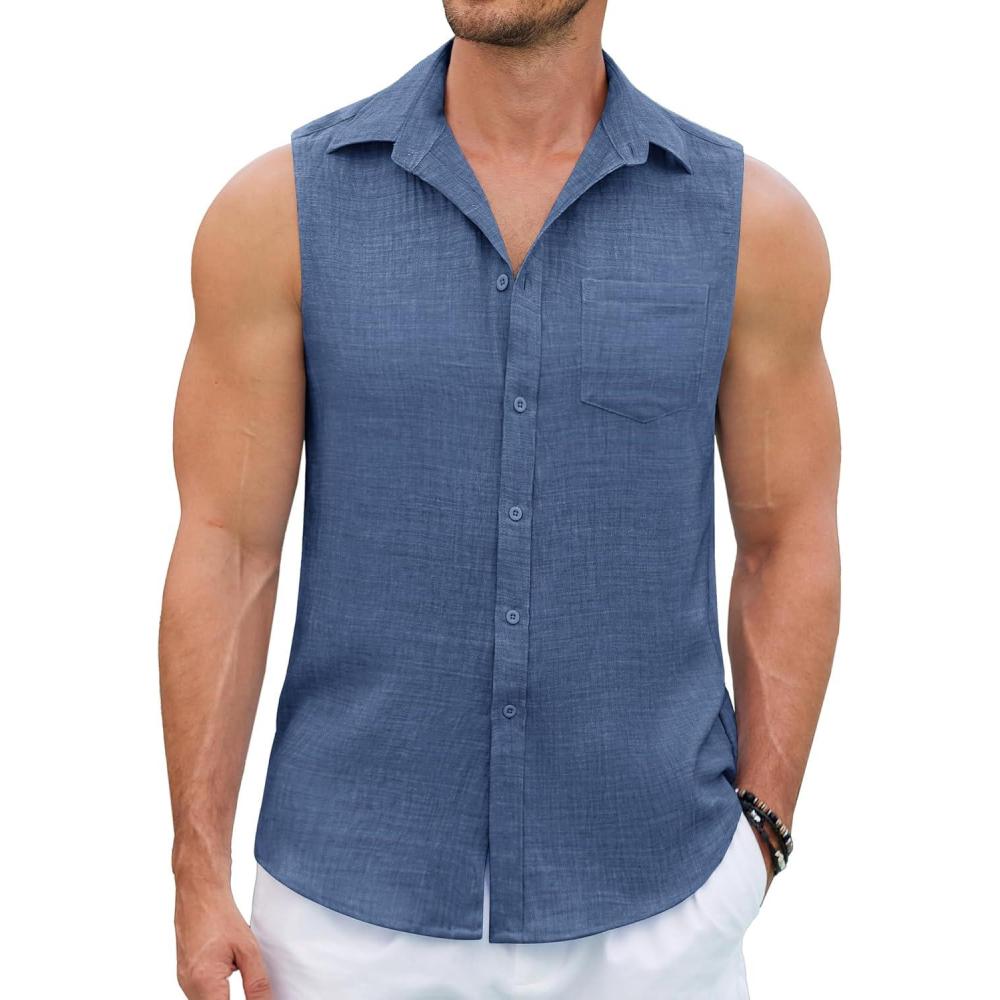 imageCOOFANDY Mens Sleeveless Beach Shirts Summer Button Up Tank Tops Casual Textured Tank ShirtNavy Blue