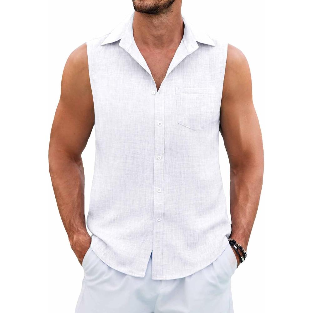 imageCOOFANDY Mens Sleeveless Beach Shirts Summer Button Up Tank Tops Casual Textured Tank ShirtWhite