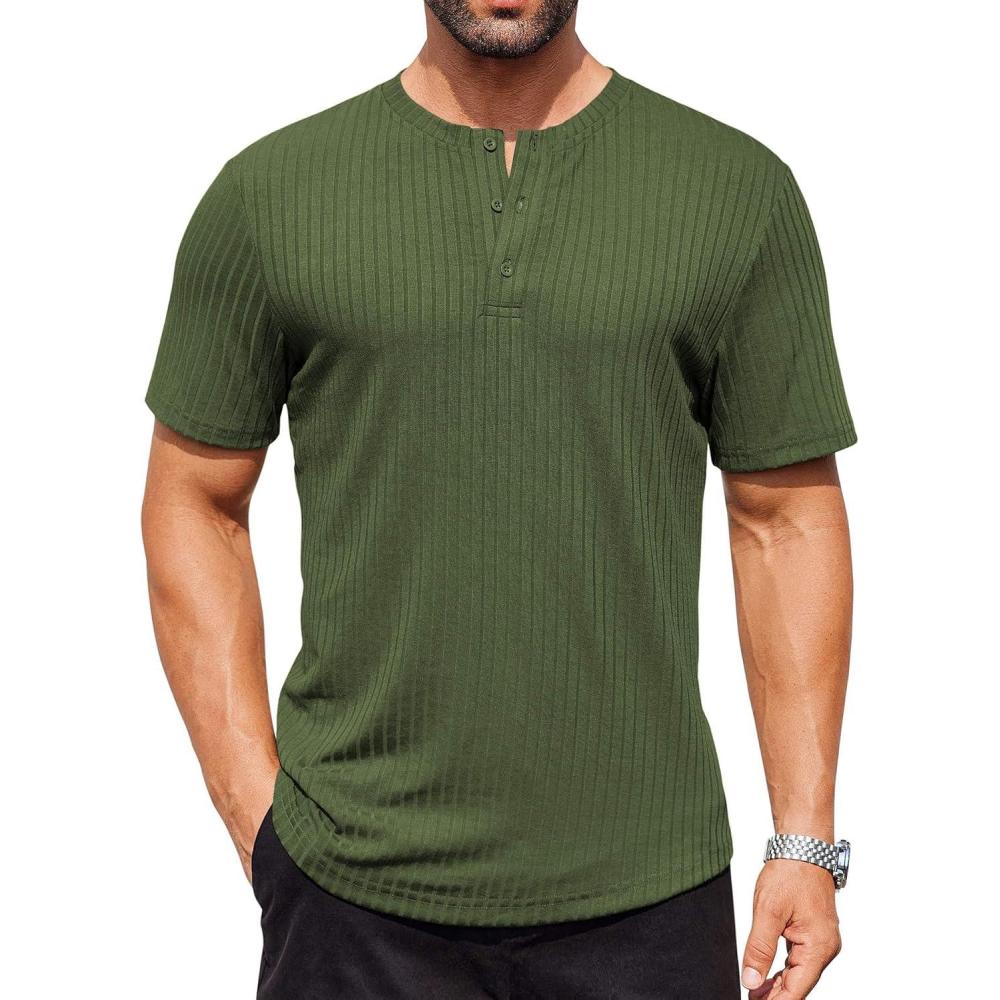 imageCOOFANDY Mens Slim Fit Henley Shirts Short Sleeve 3 Button TShirt Longline Ribbed Henley Basic Tee Army Green