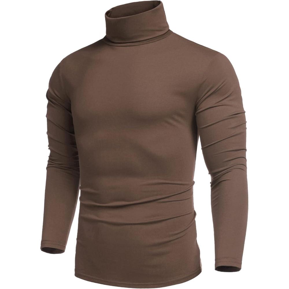 imageCOOFANDY Mens Slim Fit Turtleneck Cotton T Shirts Casual Long Sleeve Lightweight Pullover Sweater Basic TopsBrown