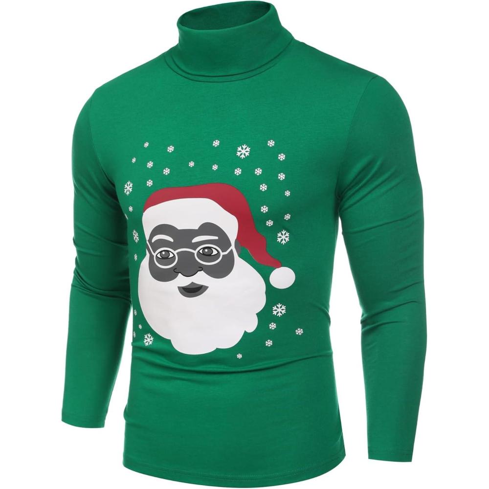 imageCOOFANDY Mens Slim Fit Turtleneck Cotton T Shirts Casual Long Sleeve Lightweight Pullover Sweater Basic TopsGreen Santa Claus
