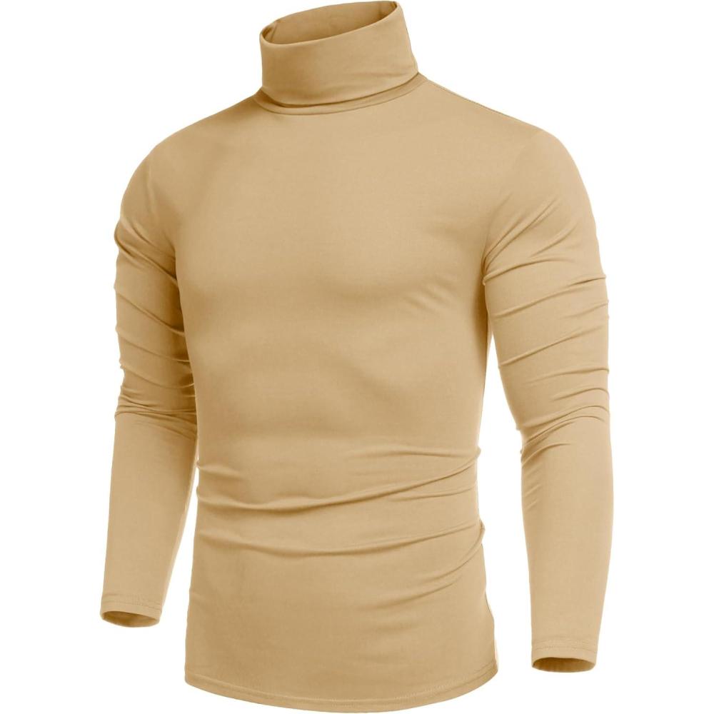 imageCOOFANDY Mens Slim Fit Turtleneck Cotton T Shirts Casual Long Sleeve Lightweight Pullover Sweater Basic TopsKhaki