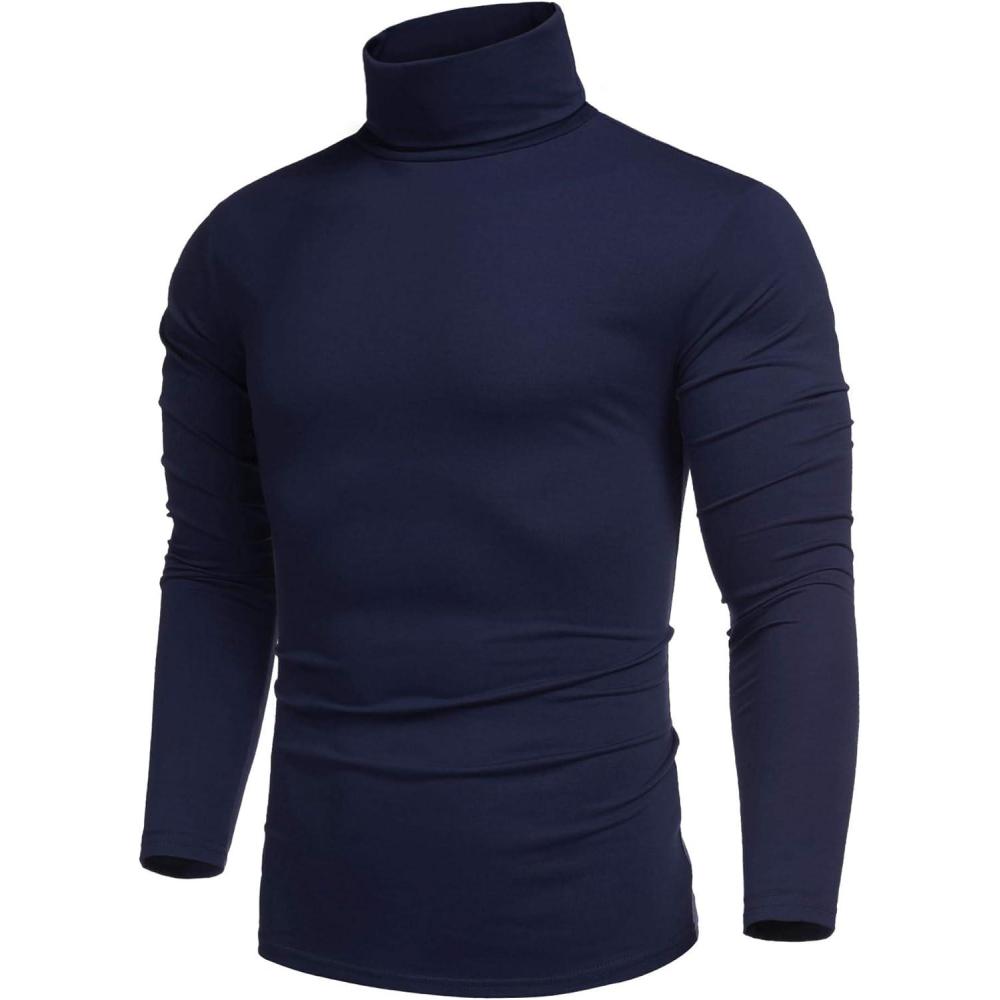 imageCOOFANDY Mens Slim Fit Turtleneck Cotton T Shirts Casual Long Sleeve Lightweight Pullover Sweater Basic TopsNavy Blue