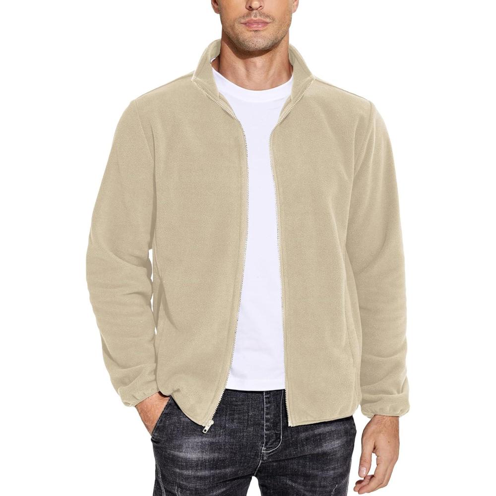 imageCOOFANDY Mens Soft Polar Fleece Jacket Lightweight Full Zip Jackets Casual Outdoor Warm Jackets Coats with PocketsLight Khaki