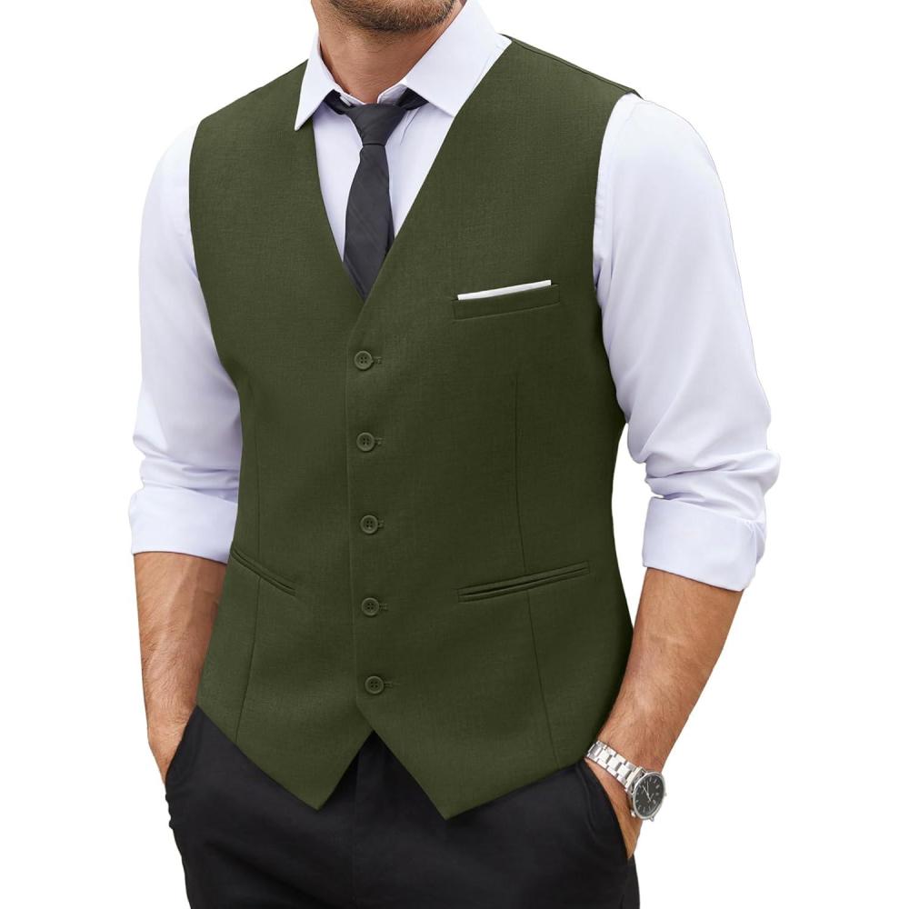 imageCOOFANDY Mens Suit Vest Slim Fit Business Formal Waistcoat Casual Dress VestArmy Green