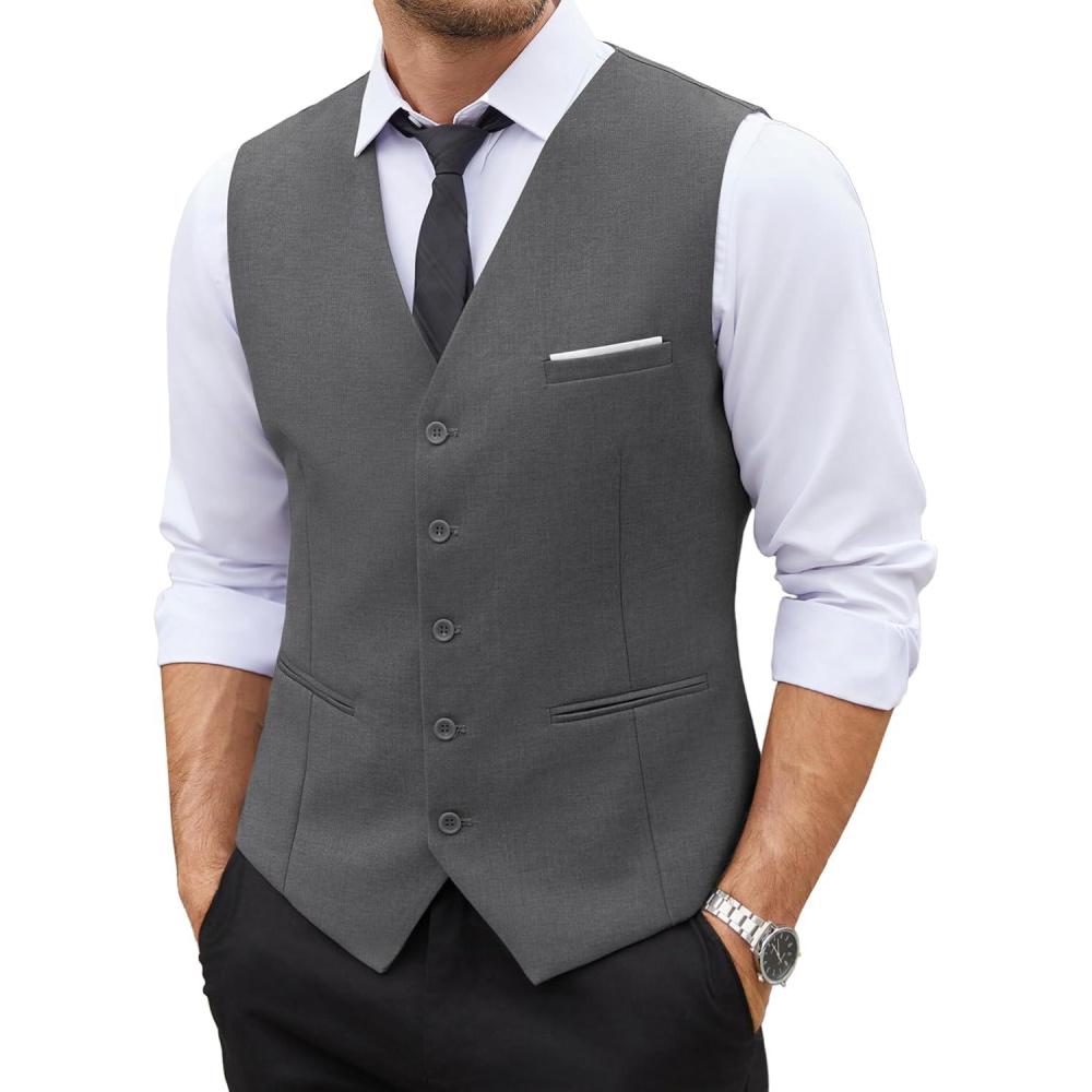 imageCOOFANDY Mens Suit Vest Slim Fit Business Formal Waistcoat Casual Dress VestDark Gray