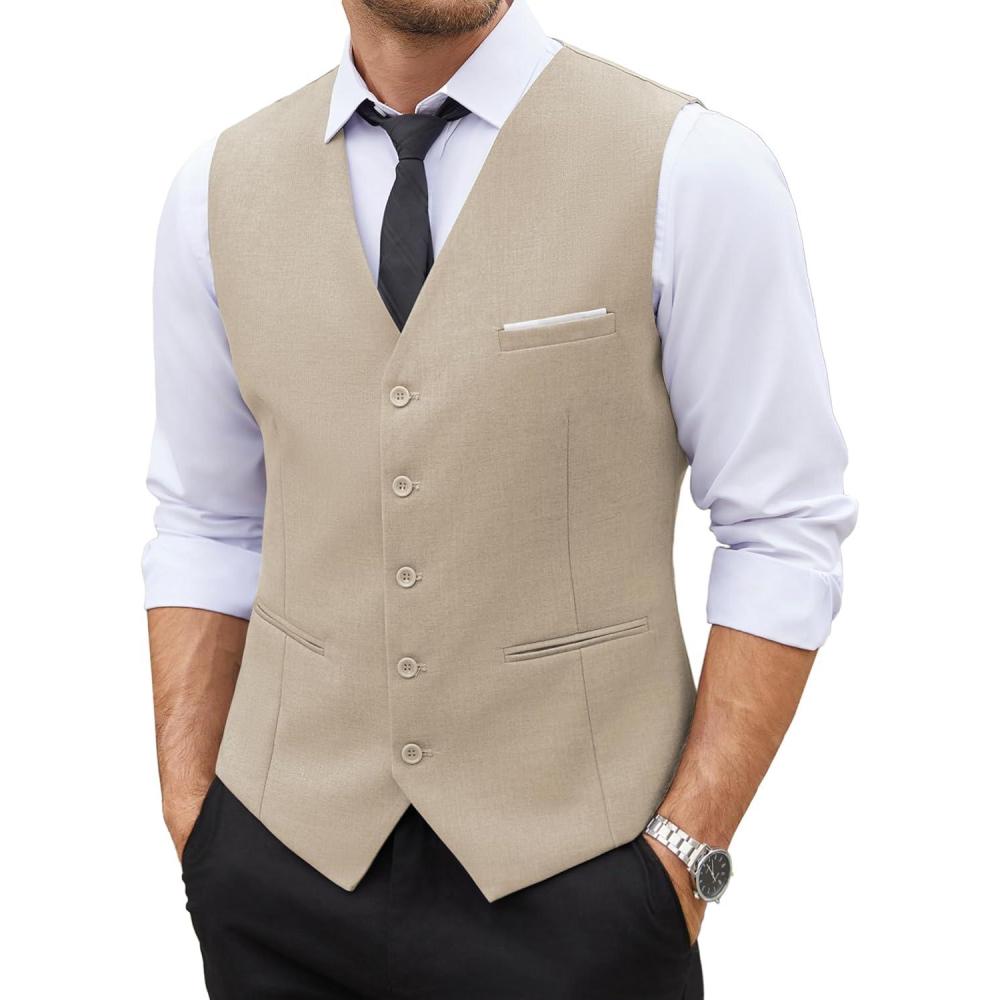 imageCOOFANDY Mens Suit Vest Slim Fit Business Formal Waistcoat Casual Dress VestKhaki