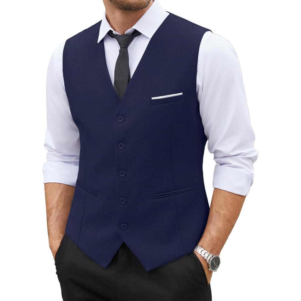 imageCOOFANDY Mens Suit Vest Slim Fit Business Formal Waistcoat Casual Dress VestNavy Blue