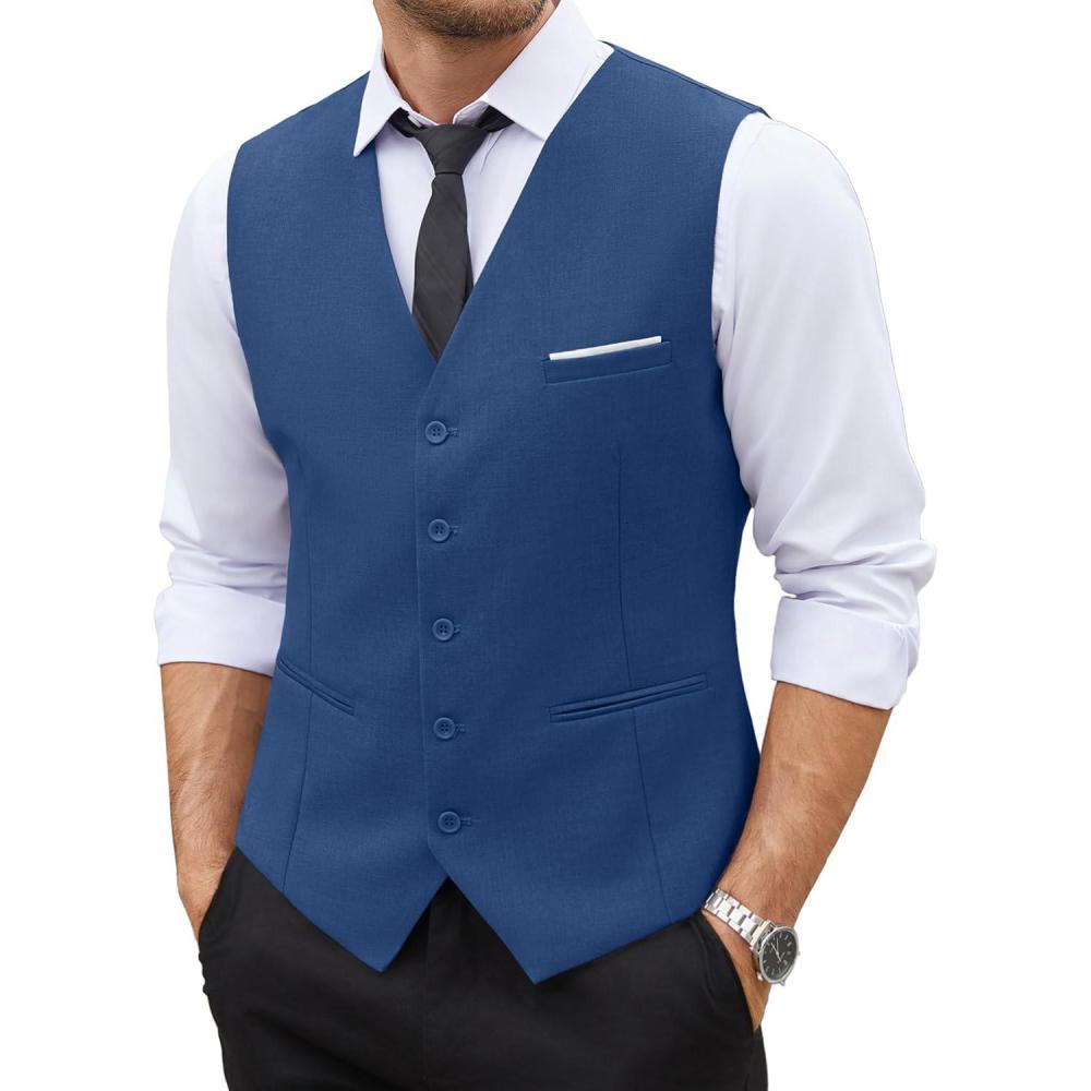 imageCOOFANDY Mens Suit Vest Slim Fit Business Formal Waistcoat Casual Dress VestPeacock Blue