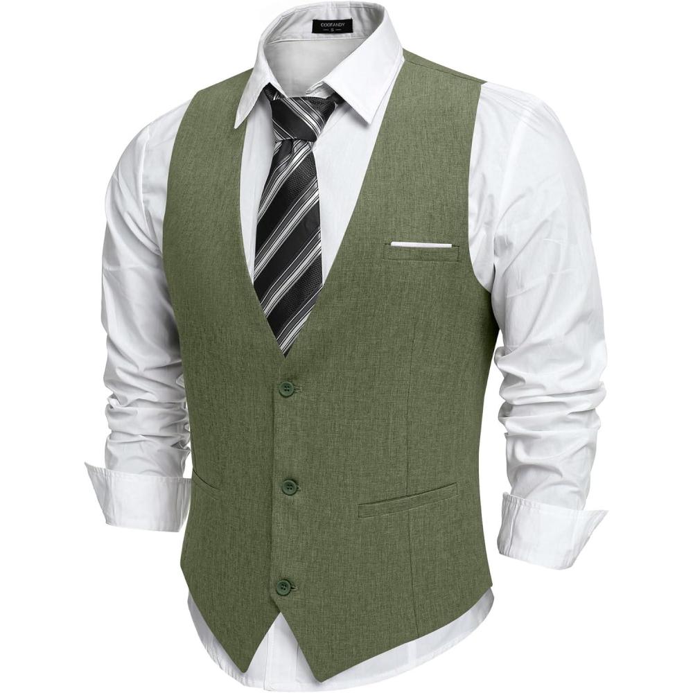 imageCOOFANDY Mens Suit Vest VNeck Casual Business Vests Lightweight Slim Fit Formal Dress Waistcoat for Wedding PartyArmy Green