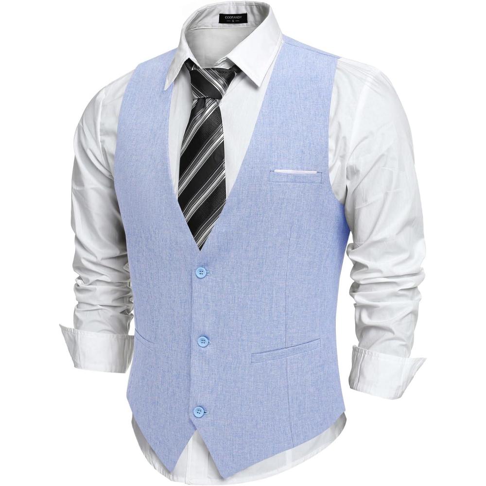imageCOOFANDY Mens Suit Vest VNeck Casual Business Vests Lightweight Slim Fit Formal Dress Waistcoat for Wedding PartyLight Blue