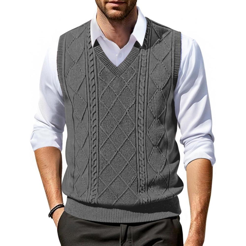 imageCOOFANDY Mens Sweater Vest V Neck Slim Fit Cable Knitted Sleeveless Pullover Sweater