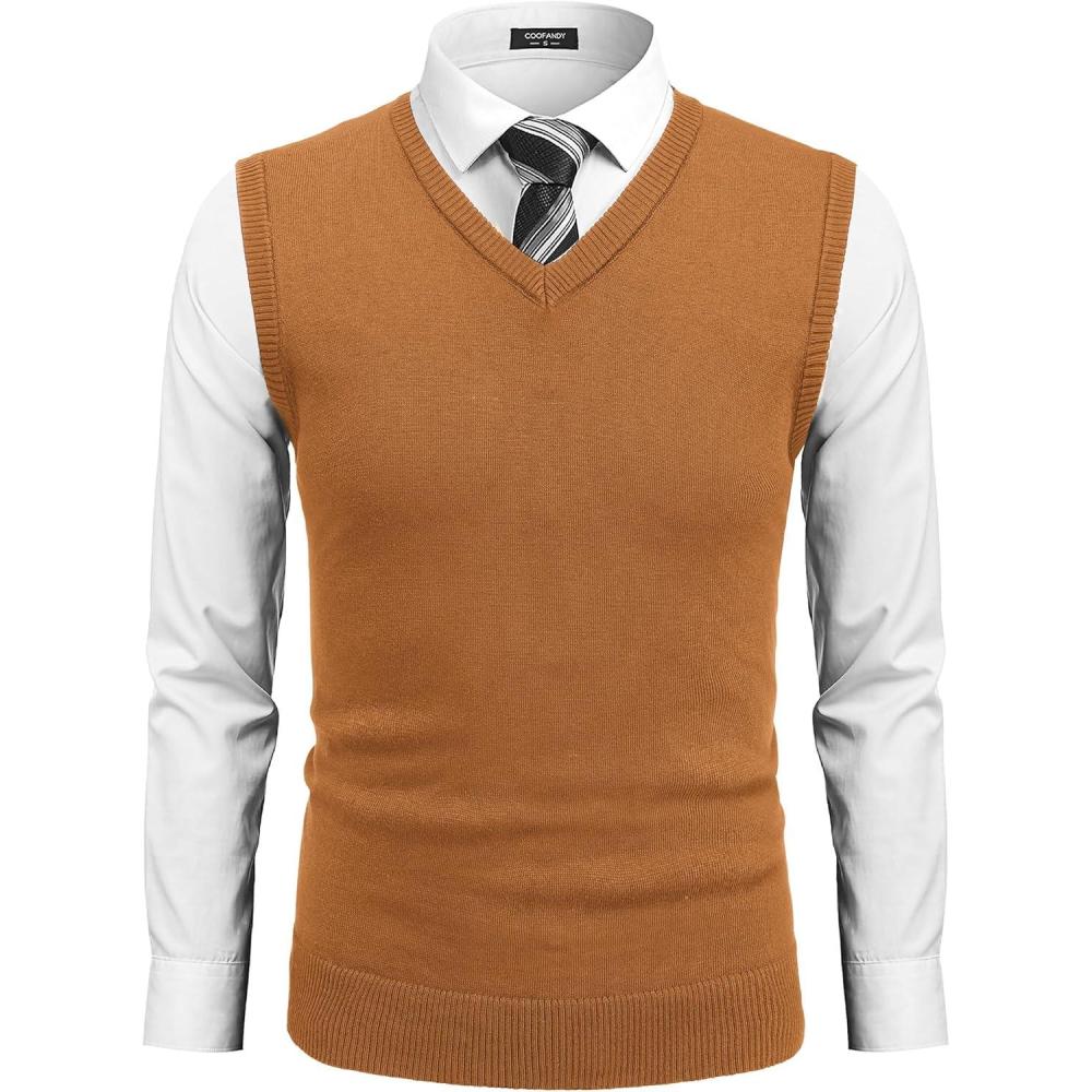 imageCOOFANDY Mens Sweater Vest V Neck Slim Fit Cable Knitted Sleeveless Pullover SweaterLight Brown