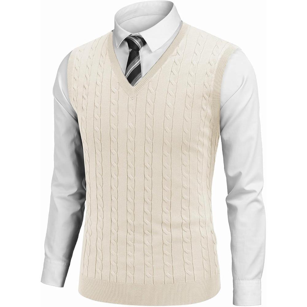 imageCOOFANDY Mens Sweater Vest V Neck Slim Fit Cable Knitted Sleeveless Pullover SweaterWhite