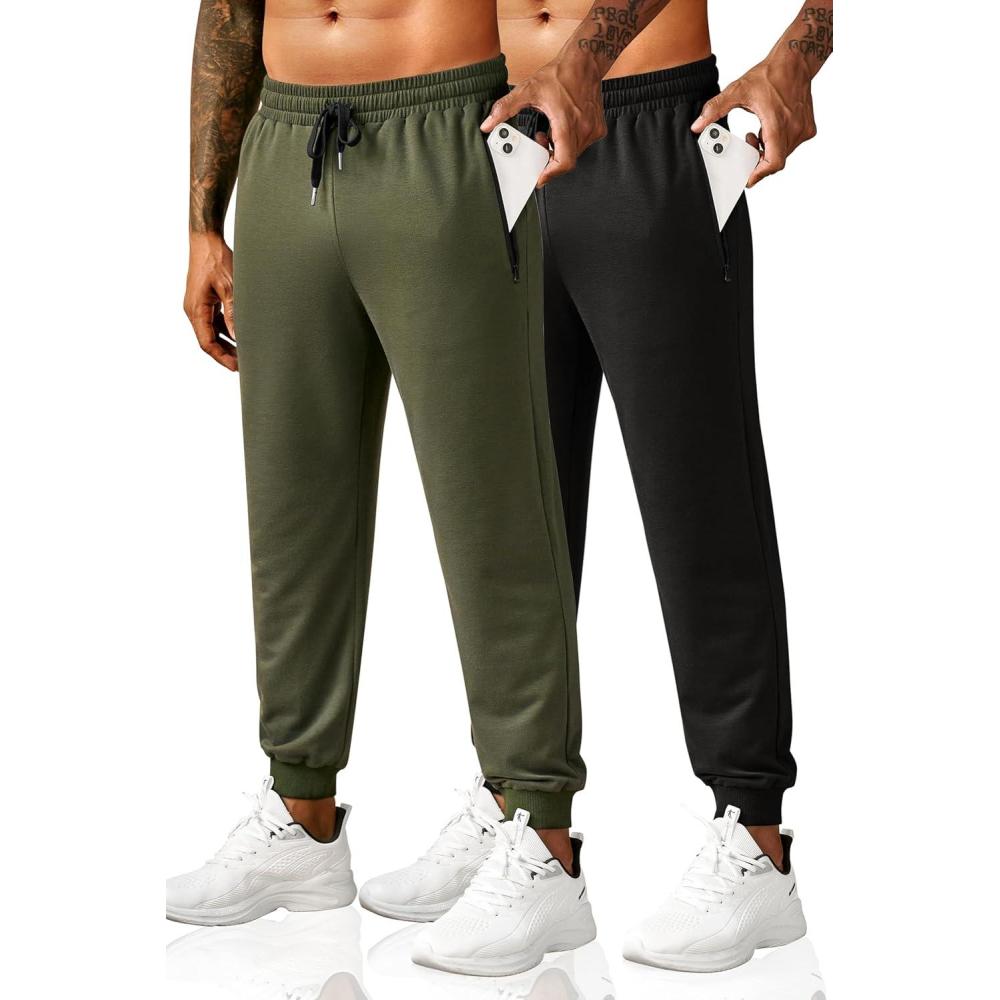 imageCOOFANDY Mens Sweatpants Joggers Workout Casual Athletic Gym Pants Lightweight Elastic Wasit Sweatpants with Pockets2 Pack BlackArmy Green