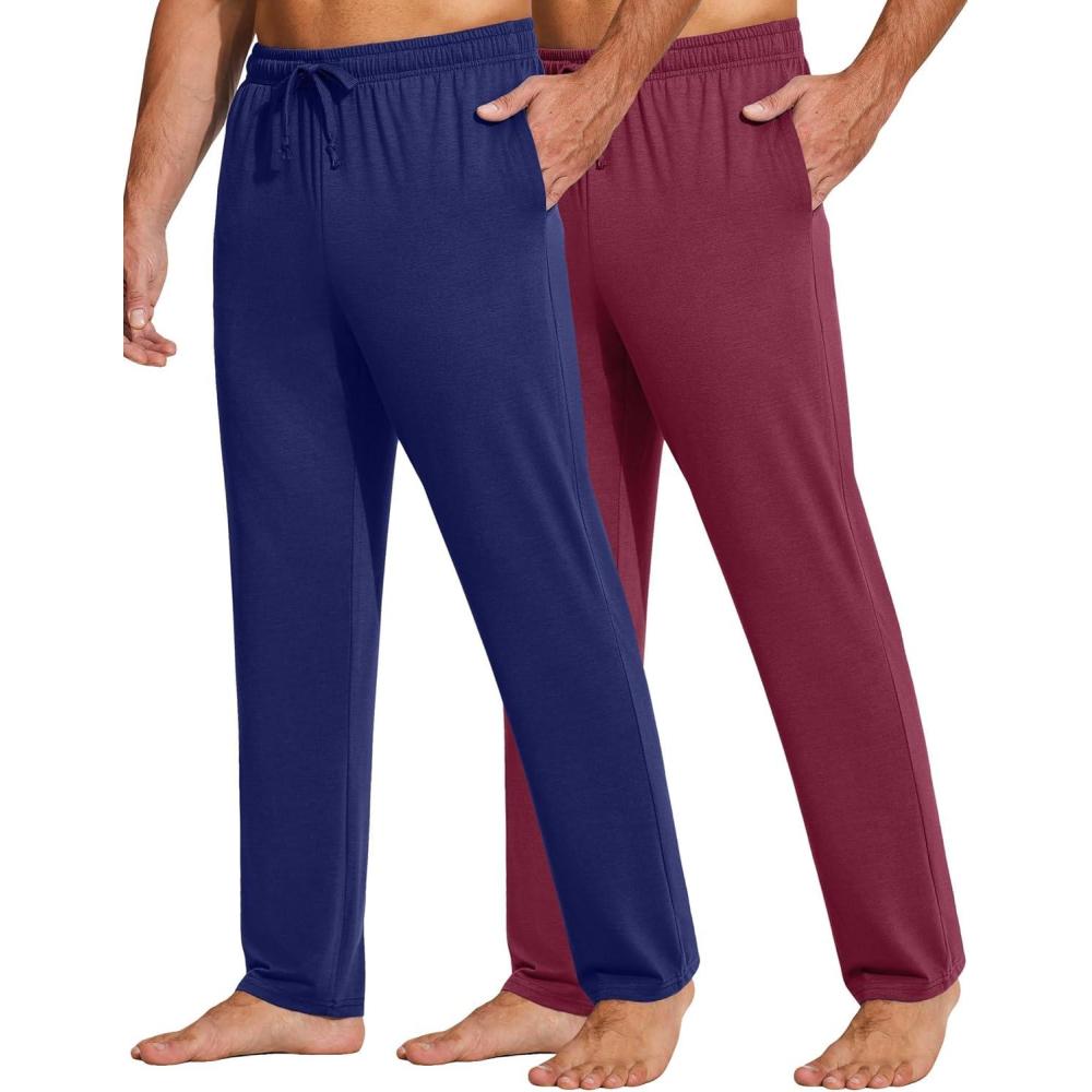 imageCOOFANDY Mens Yoga Sweatpants Lightweight Open Bottom Lounge Pants Casual Drawstring Sweat Pants with Pockets2 Pack Navy BlueWine Red