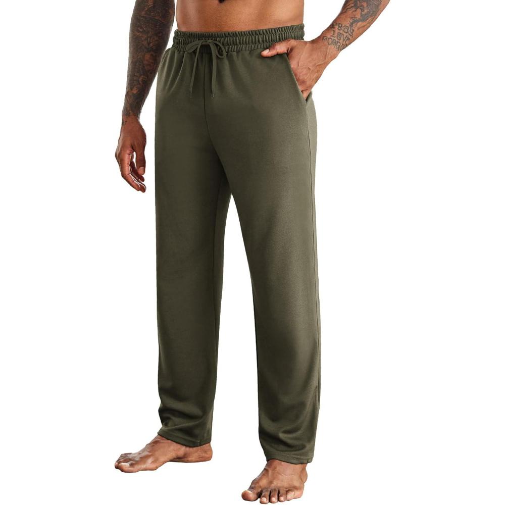 imageCOOFANDY Mens Yoga Sweatpants Open Bottom Lightweight Sweat Pants Drawstring Athletic Lounge Pants with PocketsArmy Green